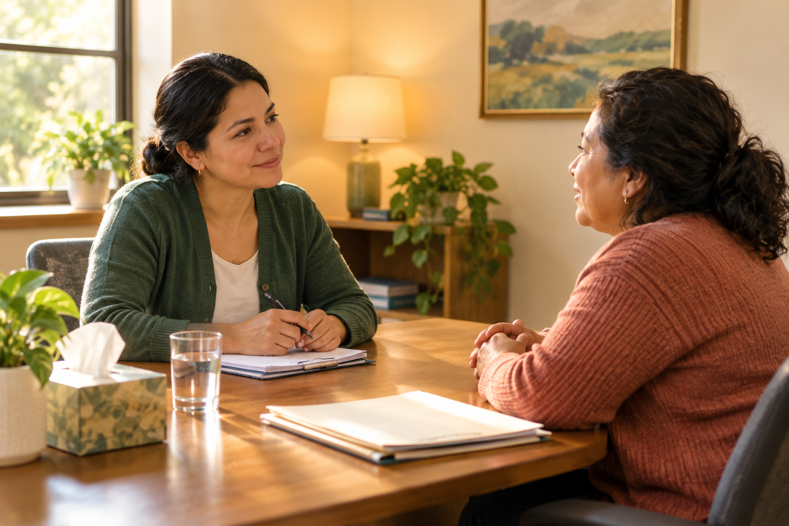 A caseworker in a green cardigan listening attentively to a client across a wooden table in a warm consultation room.