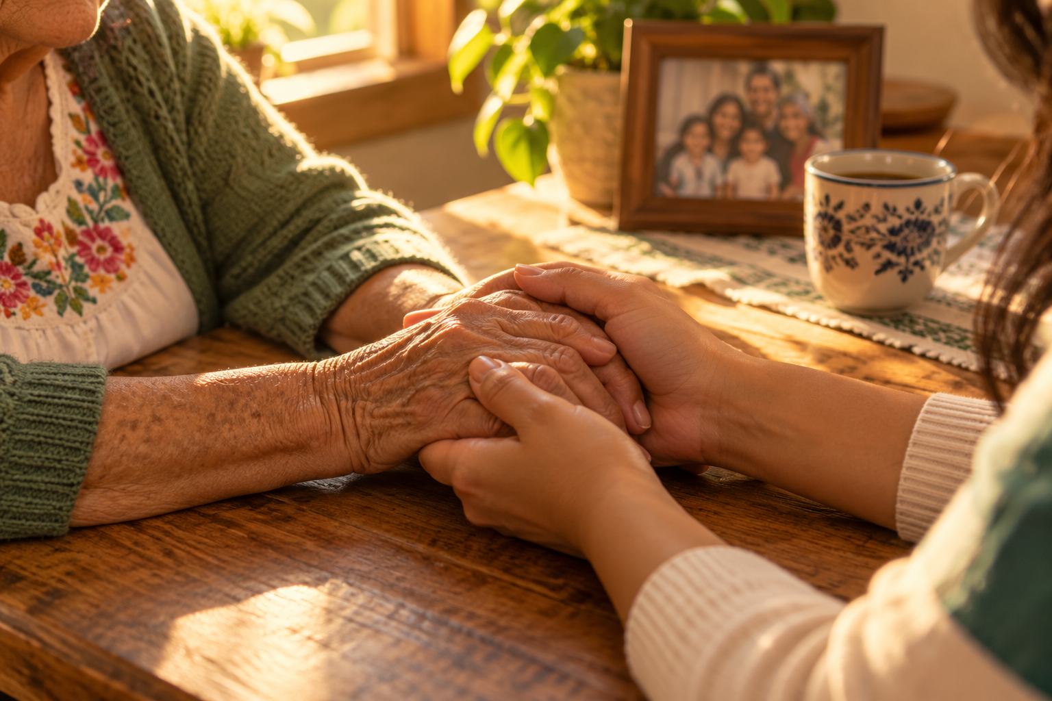 An elderly Latina grandmother's hands held gently by her adult daughter's hands across a wooden kitchen table.