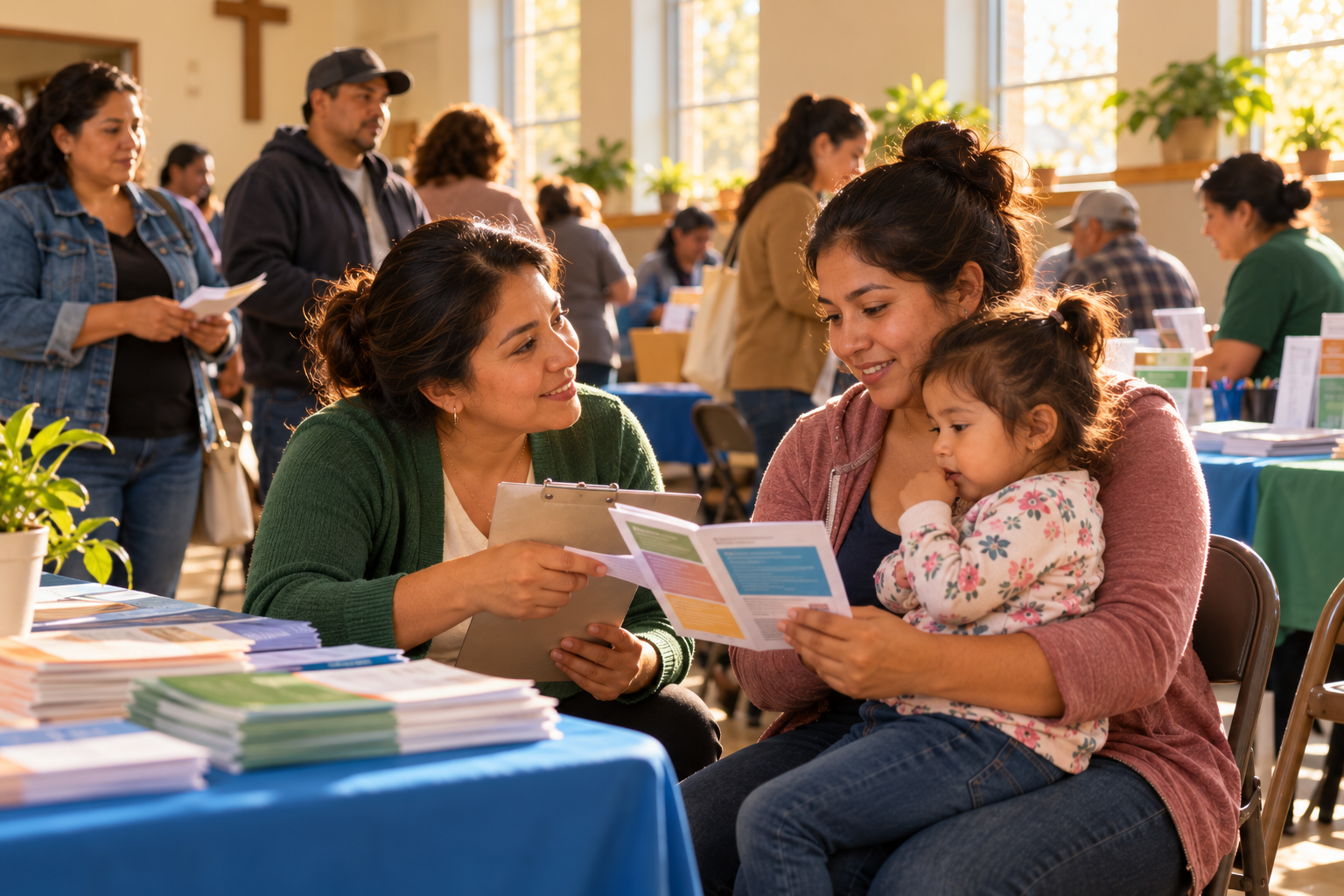 A bilingual community navigator showing a translated pamphlet to a mother holding her toddler at a resource fair.