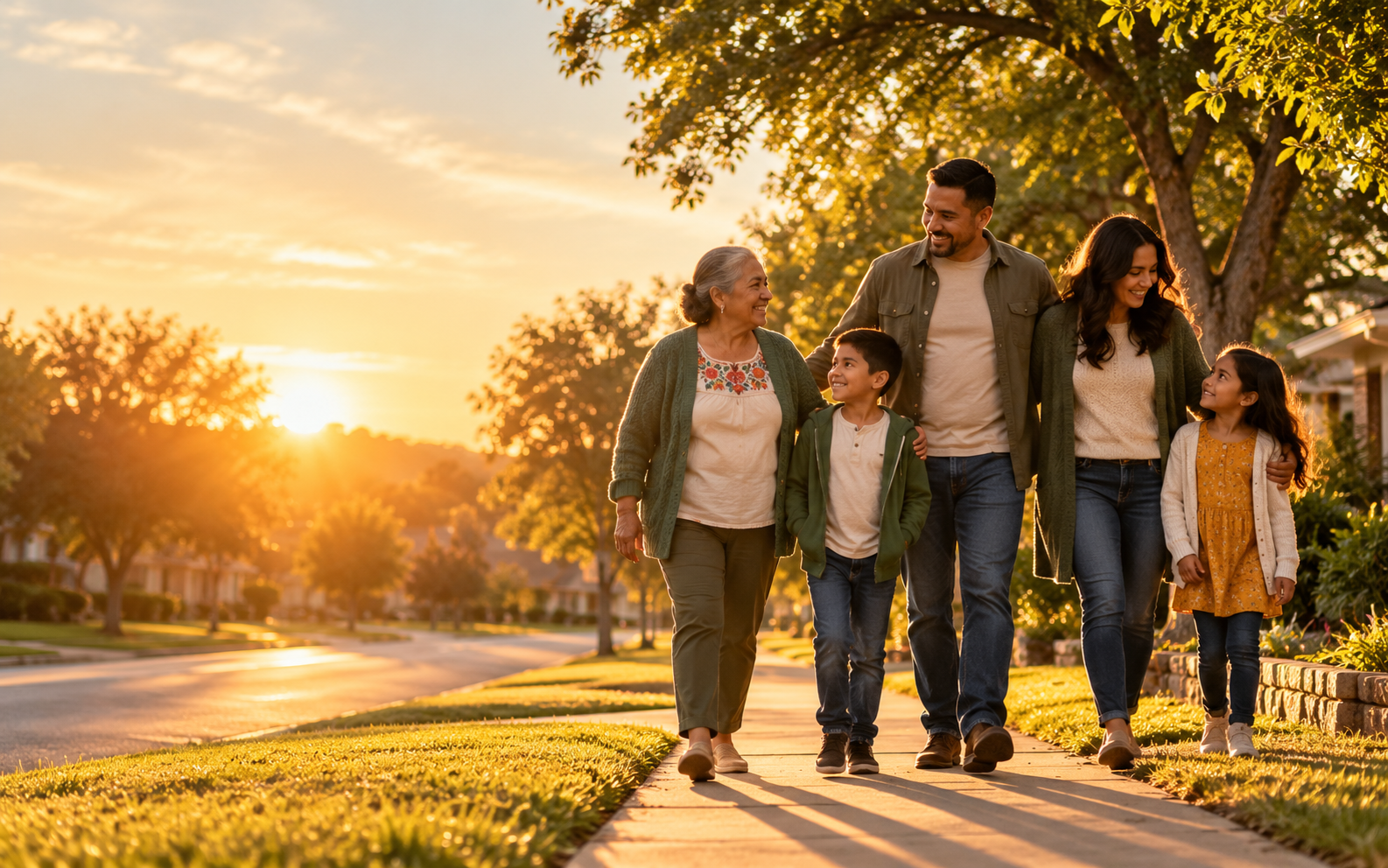A multigenerational Latino family walking together along a sunny neighborhood sidewalk at golden hour.