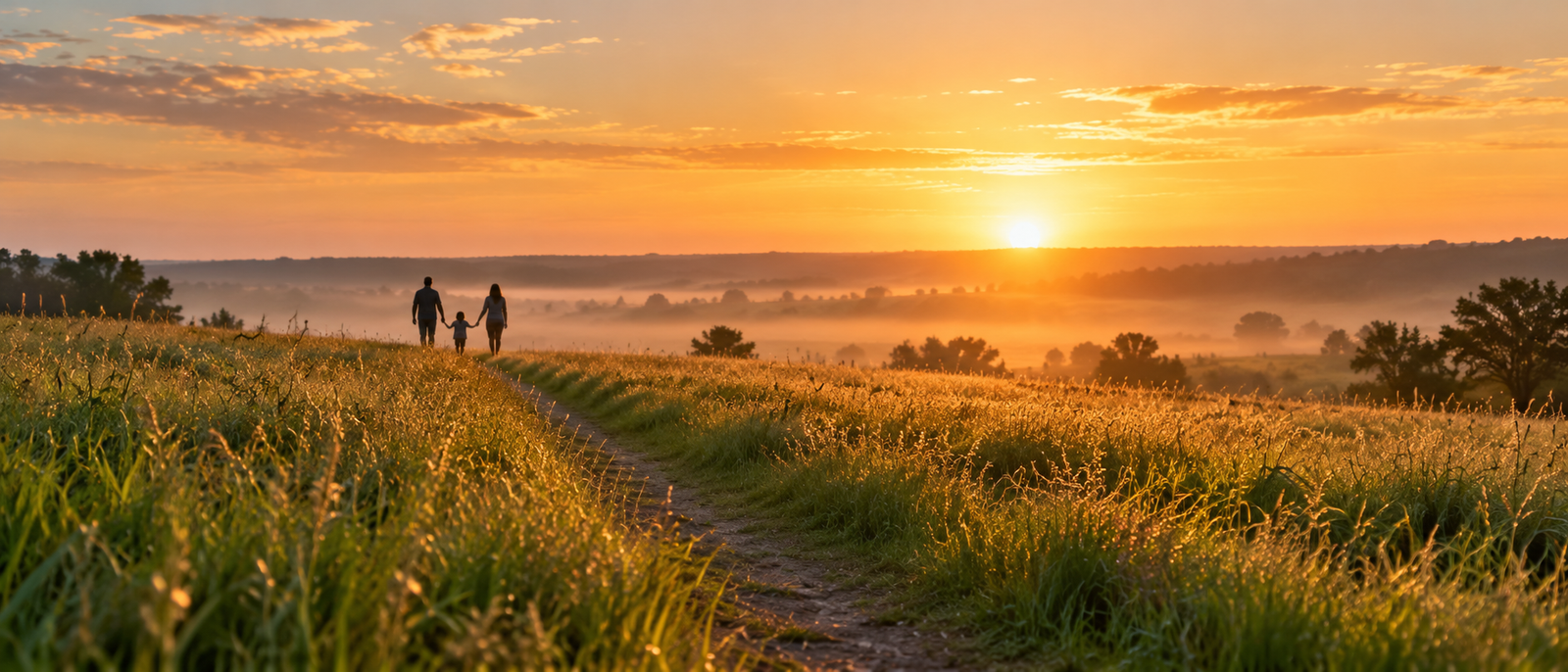 A narrow path through tall prairie grass at sunrise, with a family walking hand in hand toward the horizon.