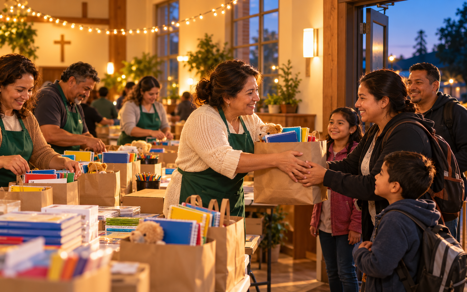 Volunteers handing a welcome kit to a newly arrived family.